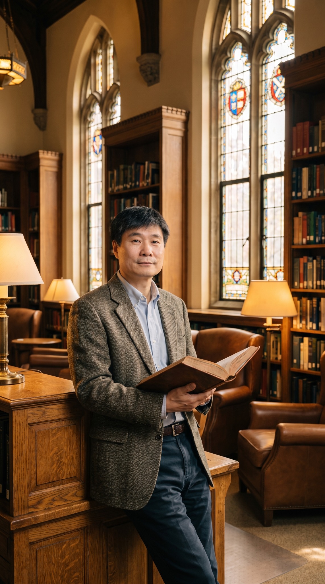 Professor Jiang Xueqin in a library setting